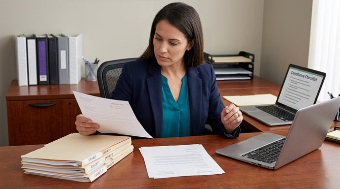 Home health compliance manager preparing a Medicare UPIC ADR response with exhibit folders and a compliance checklist
