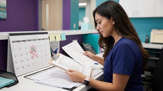 Home health intake coordinator reviewing face-to-face and physician order documentation before scheduling start of care